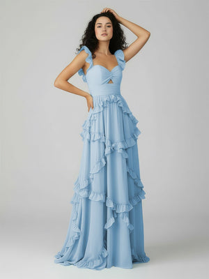 Hubery | A - Line Straps Sky Blue Chiffon Ruffles Long Prom Dress - KissProm