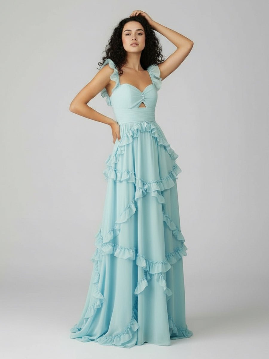 KissProm-Hubery A-Line Straps Blue Chiffon Ruffles Long Prom Dress