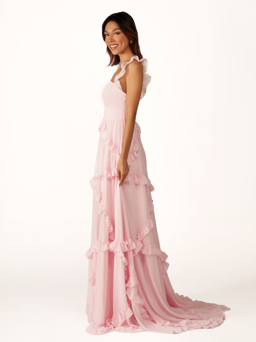 KissProm-Hubery A-Line Straps Pink Chiffon Ruffles Long Prom Dress