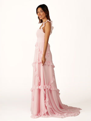 KissProm-Hubery A-Line Straps Pink Chiffon Ruffles Long Prom Dress