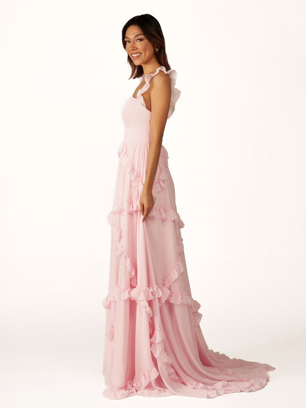 KissProm-Hubery A-Line Straps Pink Chiffon Ruffles Long Prom Dress