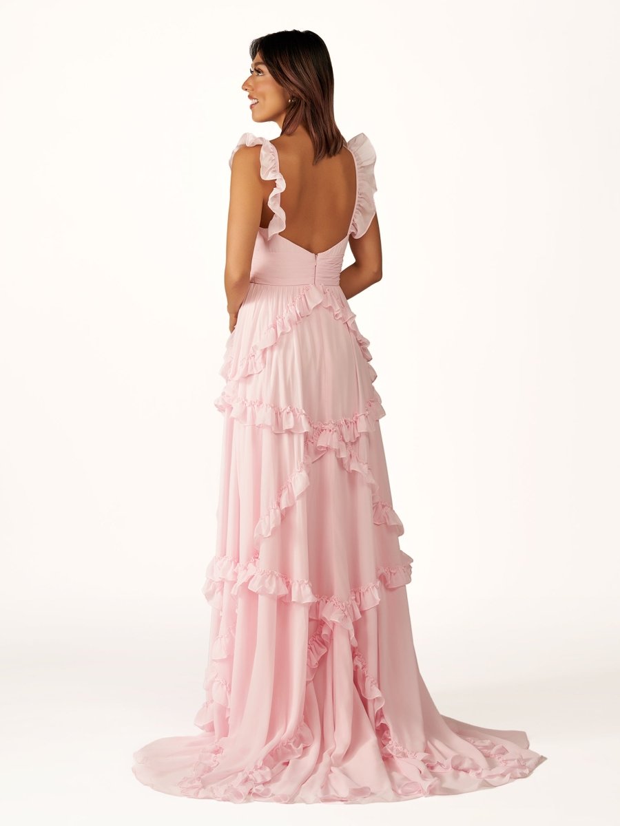 KissProm-Hubery A-Line Straps Pink Chiffon Ruffles Long Prom Dress
