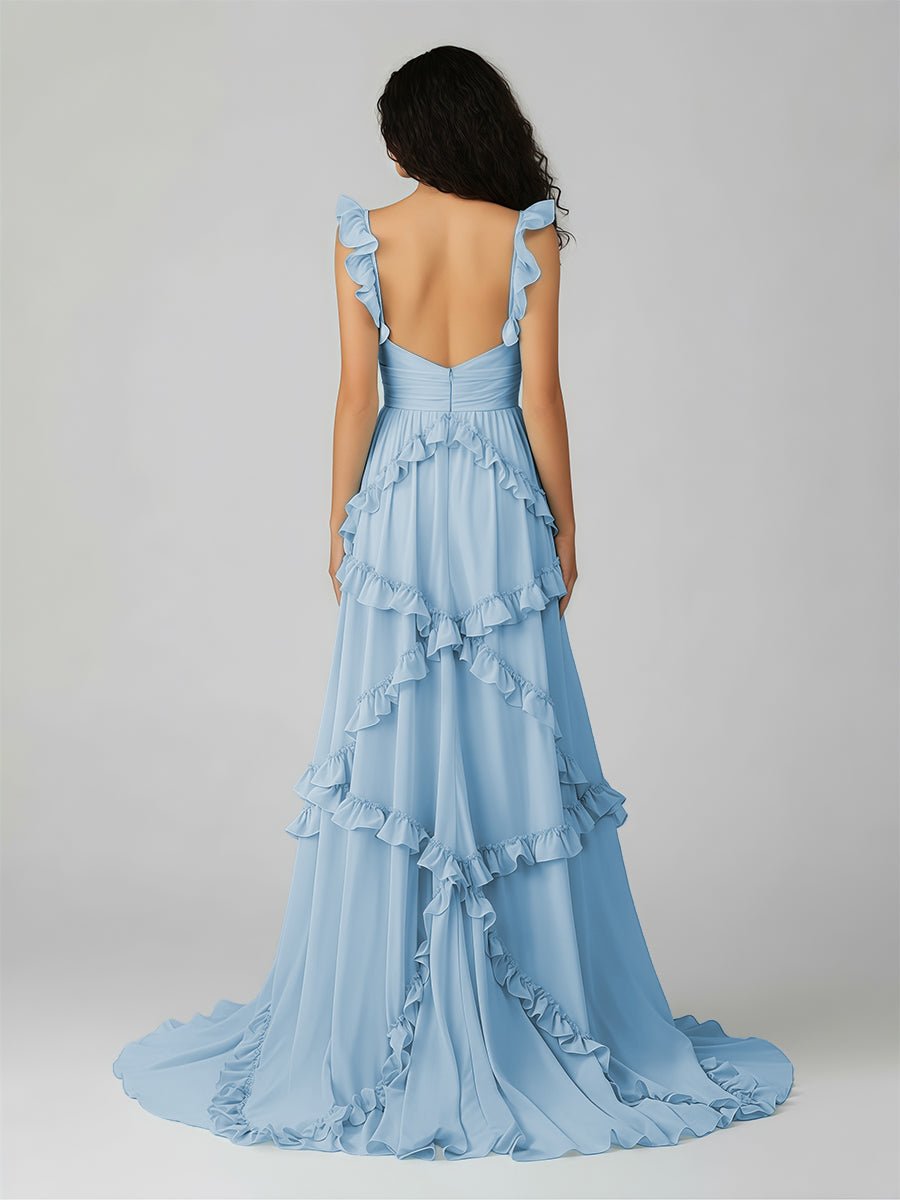 Hubery | A - Line Straps Sky Blue Chiffon Ruffles Long Prom Dress - KissProm