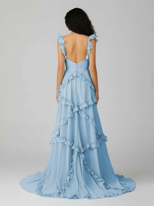 Hubery | A - Line Straps Sky Blue Chiffon Ruffles Long Prom Dress - KissProm