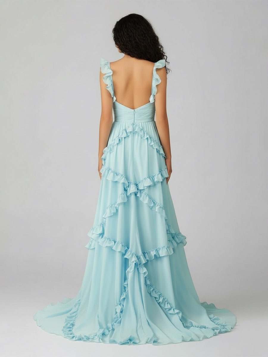 KissProm-Hubery A-Line Straps Blue Chiffon Ruffles Long Prom Dress