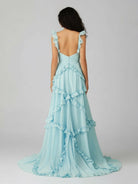 KissProm-Hubery A-Line Straps Blue Chiffon Ruffles Long Prom Dress