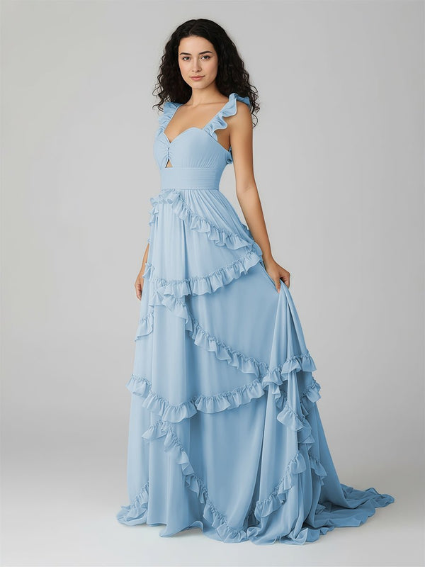 Hubery | A - Line Straps Sky Blue Chiffon Ruffles Long Prom Dress - KissProm
