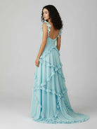 KissProm-Hubery A-Line Straps Blue Chiffon Ruffles Long Prom Dress