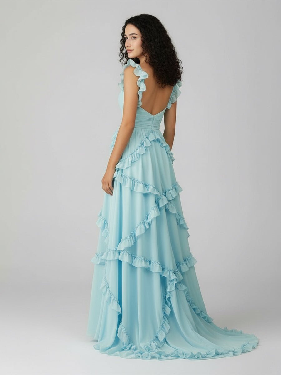 KissProm-Hubery A-Line Straps Blue Chiffon Ruffles Long Prom Dress