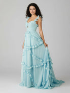 KissProm-Hubery A-Line Straps Blue Chiffon Ruffles Long Prom Dress