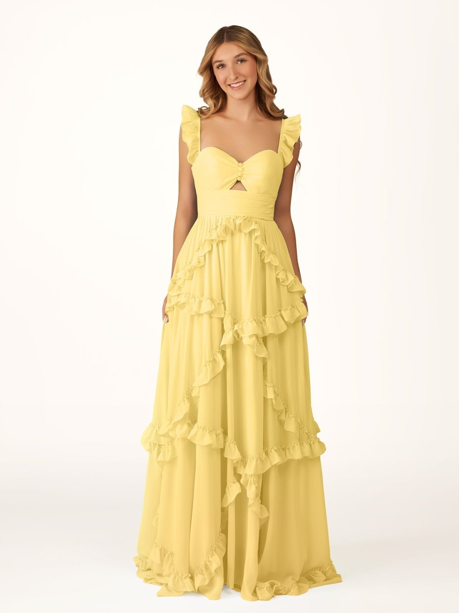 KissProm-Hubery A-Line Straps Yellow Chiffon Ruffles Long Prom Dress