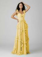 Hubery | A - Line Straps Sky Blue Chiffon Ruffles Long Prom Dress - KissProm