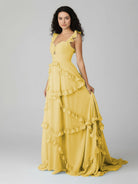 Hubery | A - Line Straps Sky Blue Chiffon Ruffles Long Prom Dress - KissProm