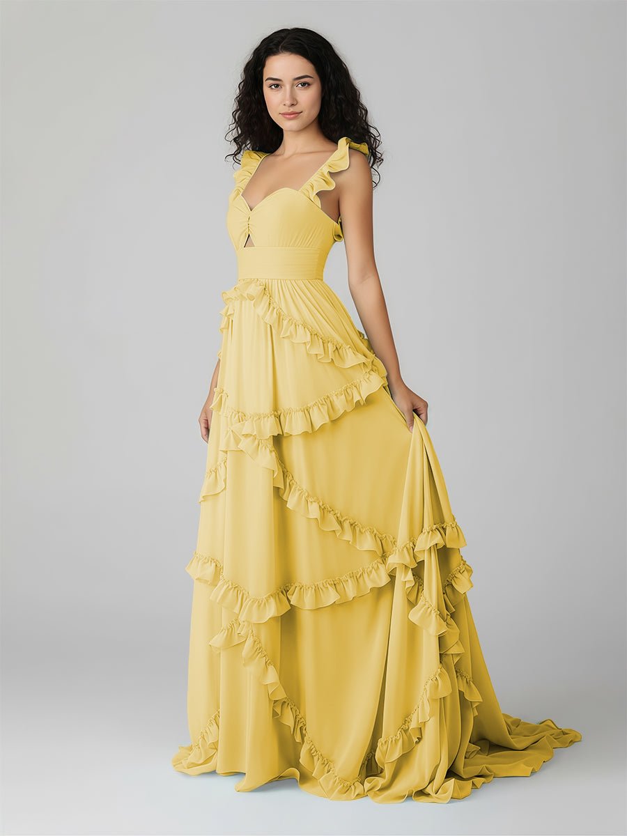 Hubery | A - Line Straps Sky Blue Chiffon Ruffles Long Prom Dress - KissProm