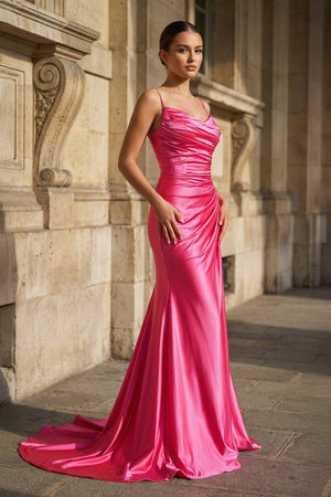 Fuchsia Spaghetti Straps Mermaid Satin Slit Prom Dresses - KissProm
