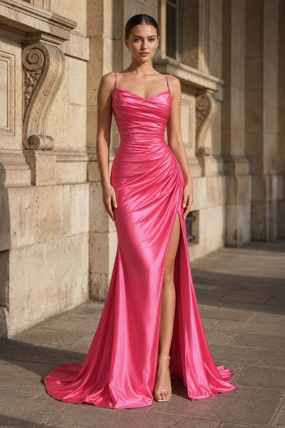 Fuchsia Spaghetti Straps Mermaid Satin Slit Prom Dresses – Prom Dresses by KissProm | Available at KissProm