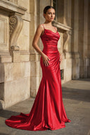 Fuchsia Spaghetti Straps Mermaid Satin Slit Prom Dresses – Prom Dresses by KissProm | Available at KissProm