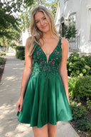 Hunter Green A Line Satin V Neck Sequined Homecoming Dresses with Appliques | KISSPROM