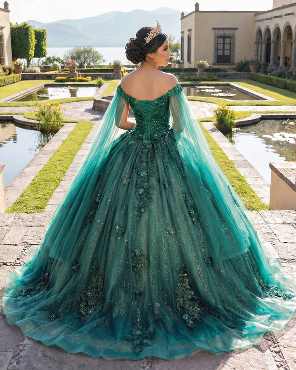 Hunter Green Long Sleeves 3D Flowers Quinceanera Dresses Appliqued (2) | KISSPROM