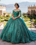 Hunter Green Long Sleeves 3D Flowers Quinceanera Dresses Appliqued | KISSPROM