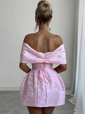 Pink - Off The Shoulder Jacquard A Line Homecoming Dress With Appliques - KissProm