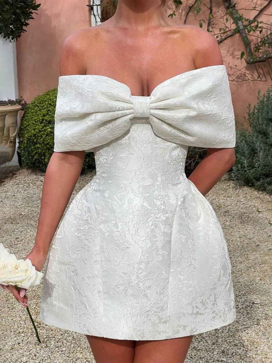 Hunter | White - Off The Shoulder Satin A Line Homecoming Dress With Appliques