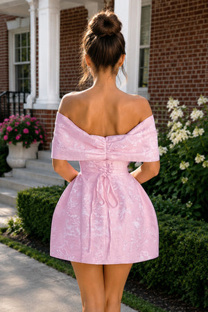 Pink - Off The Shoulder Jacquard A Line Homecoming Dress With Appliques - KissProm