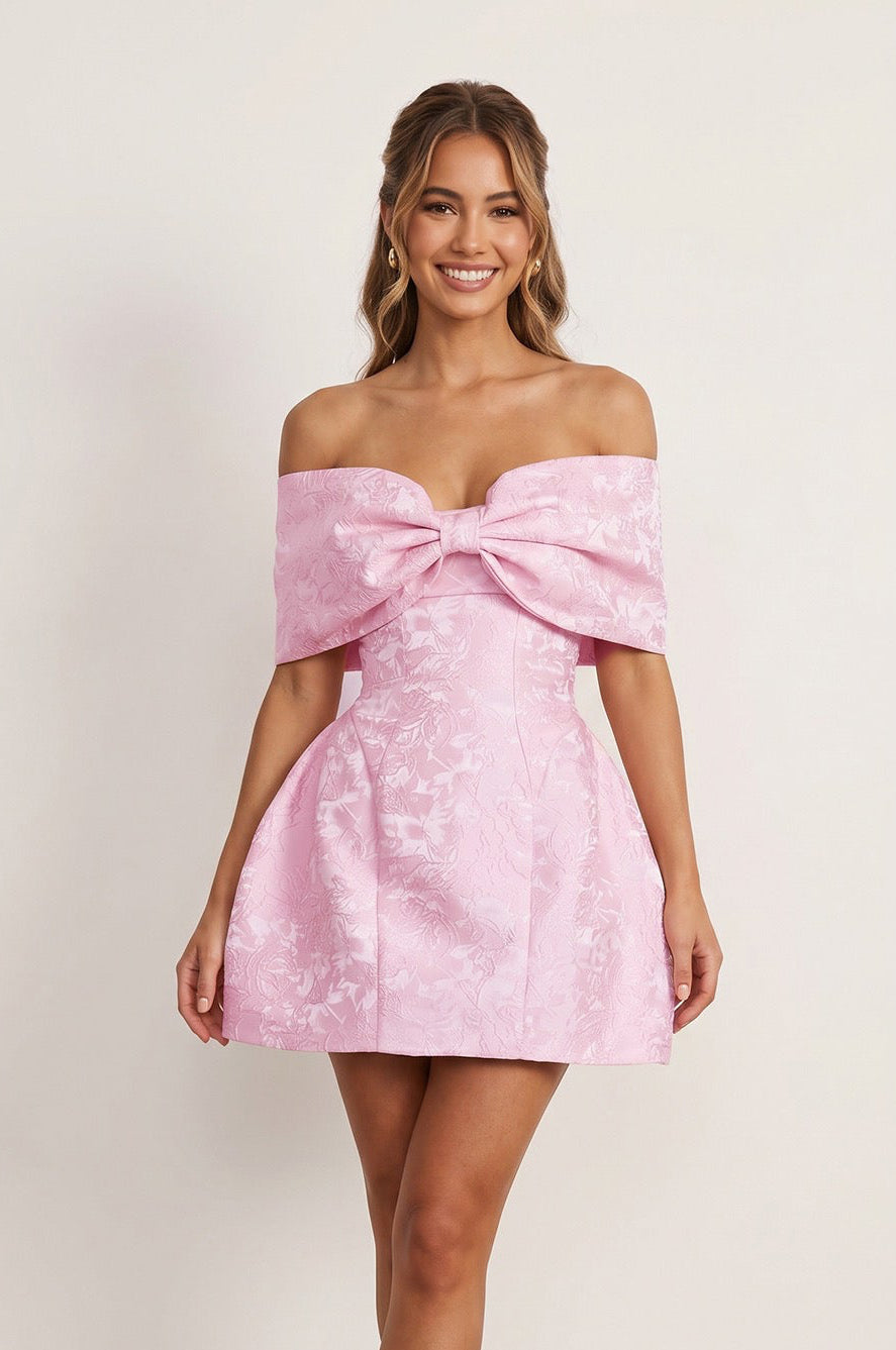 Pink - Off The Shoulder Jacquard A Line Homecoming Dress With Appliques - KissProm