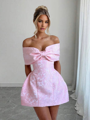 Pink - Off The Shoulder Jacquard A Line Homecoming Dress With Appliques - KissProm