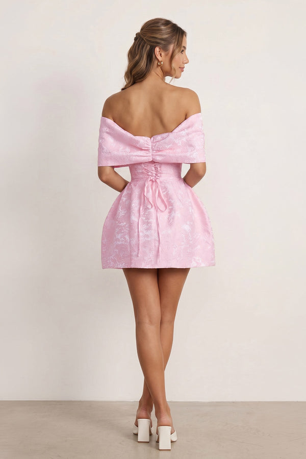 Pink - Off The Shoulder Jacquard A Line Homecoming Dress With Appliques - KissProm