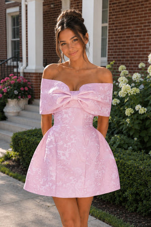 Pink - Off The Shoulder Jacquard A Line Homecoming Dress With Appliques - KissProm