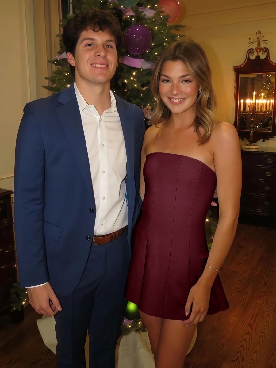 Hydrangea | Burgundy - Strapless Satin Pleated A - line Short Homecoming Dress - KissProm