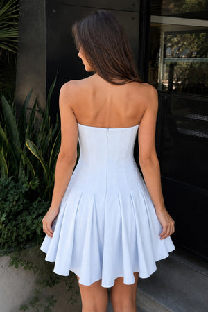Sky Blue Strapless Satin Pleated A-line Short Homecoming Dress - KissProm 