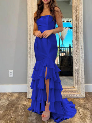 Ida | Sky Blue Mermaid Strapless Prom Dresses With Split