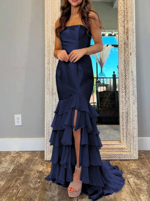 Ida | Sky Blue Mermaid Strapless Prom Dresses With Split