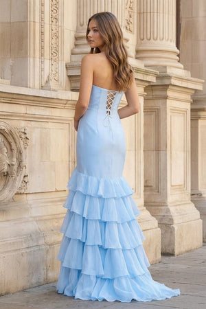 Sky Blue Mermaid Strapless Prom Dresses With Split - KissProm