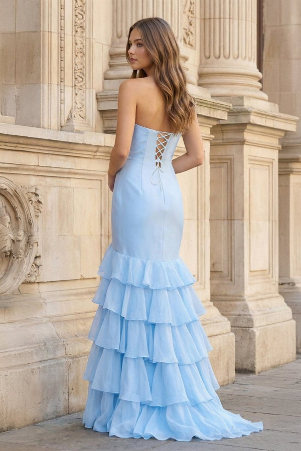 Sky Blue Mermaid Strapless Prom Dresses With Split - KissProm