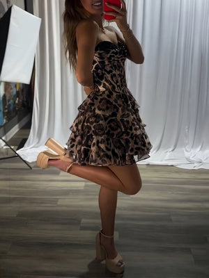 Idalia | Leopard - Strapless Leopard Print Chiffon A Line Homecoming Dress With Beading