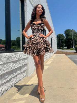 Idalia | Leopard - Strapless Leopard Print Chiffon A Line Homecoming Dress With Beading