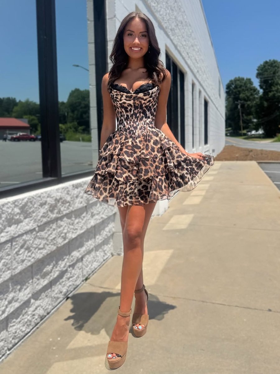 Leopard - Sweetheart Leopard Print Chiffon A Line Homecoming Dress With Beading, Leopard / 16 Leopard - Sweetheart Leopard Print Chiffon A Line Homecoming Dress With Beading, Leopard / 16