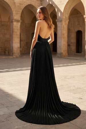 A - Line Halter Backless Pleated Blue Chiffon Long Prom Dresses - KissProm