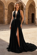 A - Line Halter Backless Pleated Blue Chiffon Long Prom Dresses - KissProm