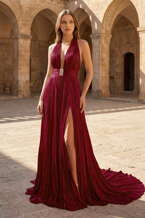 A - Line Halter Backless Pleated Blue Chiffon Long Prom Dresses - KissProm