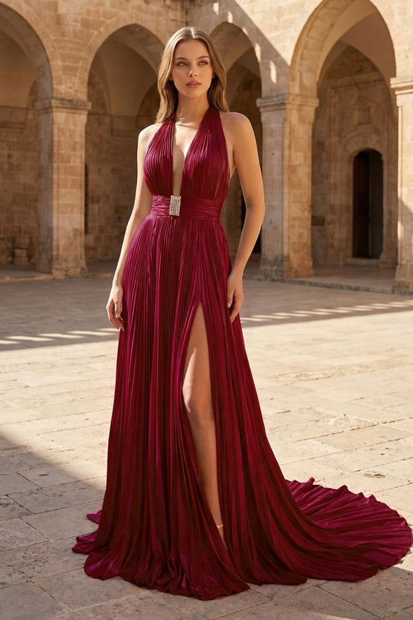 A - Line Halter Backless Pleated Blue Chiffon Long Prom Dresses - KissProm