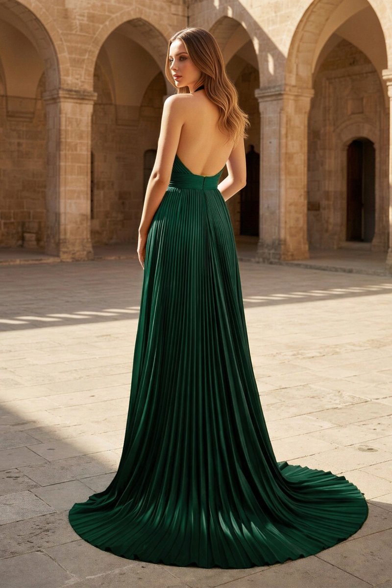 KissProm A-Line Halter Backless Pleated Blue Chiffon Long Prom Dresses, Blue / 0