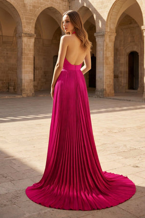 A - Line Halter Backless Pleated Blue Chiffon Long Prom Dresses - KissProm