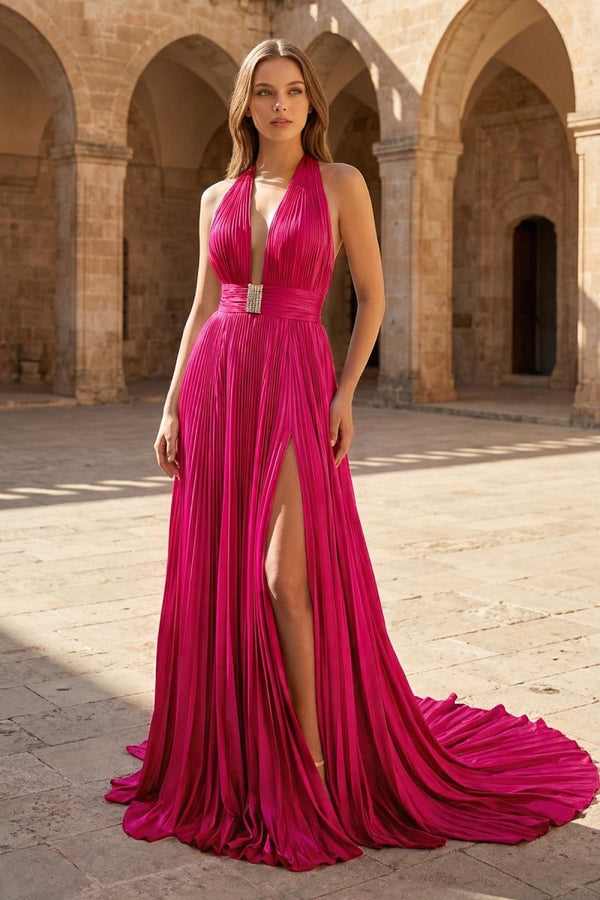 A - Line Halter Backless Pleated Blue Chiffon Long Prom Dresses - KissProm