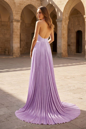 A - Line Halter Backless Pleated Blue Chiffon Long Prom Dresses - KissProm