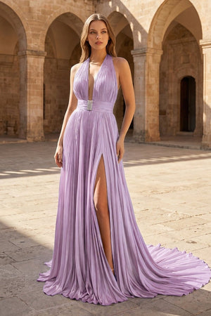 A - Line Halter Backless Pleated Blue Chiffon Long Prom Dresses - KissProm