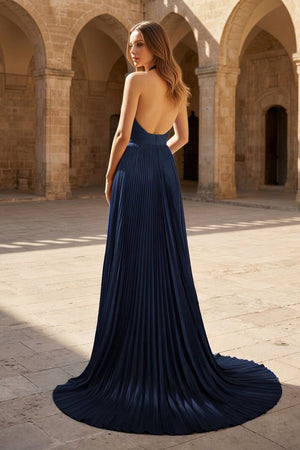 A - Line Halter Backless Pleated Blue Chiffon Long Prom Dresses - KissProm